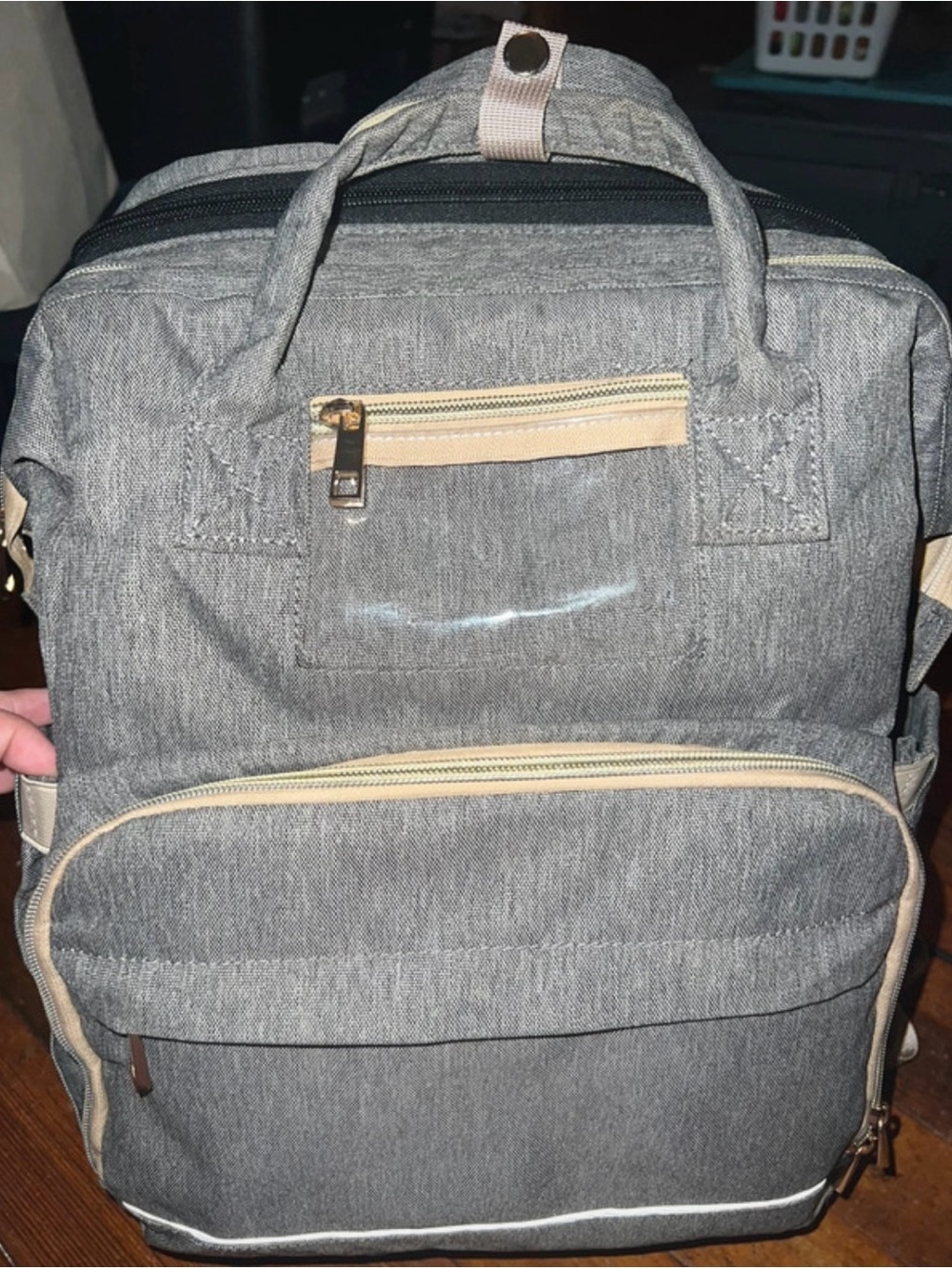 Gray Backpack Diaper Bag with Beige Trim